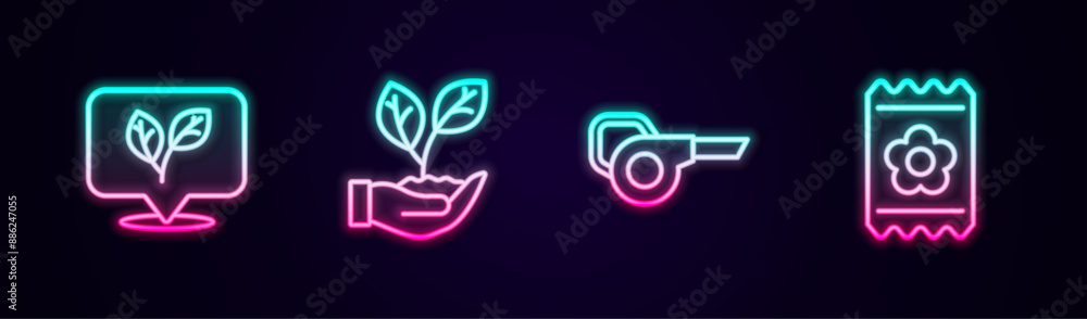 Set line Leaf, in hand, garden blower and Pack full of seeds. Glowing neon icon. Vector Set line Leaf, in hand, garden blower and Pack full of seeds. Glowing neon icon. Vector