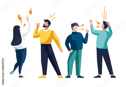 Vector illustration concept design on white background. Set of couple of people quarreling and swearing. Aggressive people shout at each other. Infographics.Graphic design in flat stylish vector style