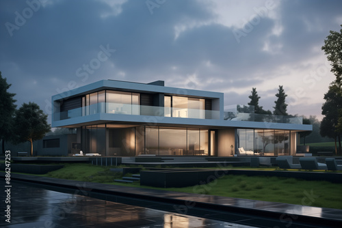 modern house in the park at evening