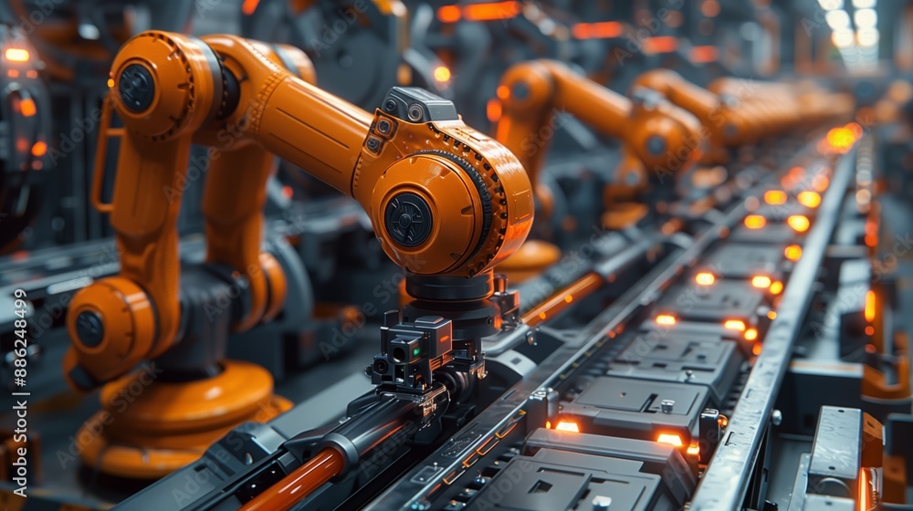 Automated Production Line With Robotic Arms in a Modern Factory Automated Production Line With Robotic Arms in a Modern Factory