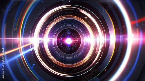 An eye-shaped camera lens capturing abstract patterns of light and color, illustrating the concept of perspective and insight