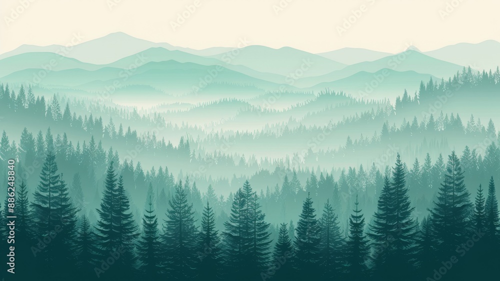 Fototapeta premium Foggy mountain landscape with coniferous forest.