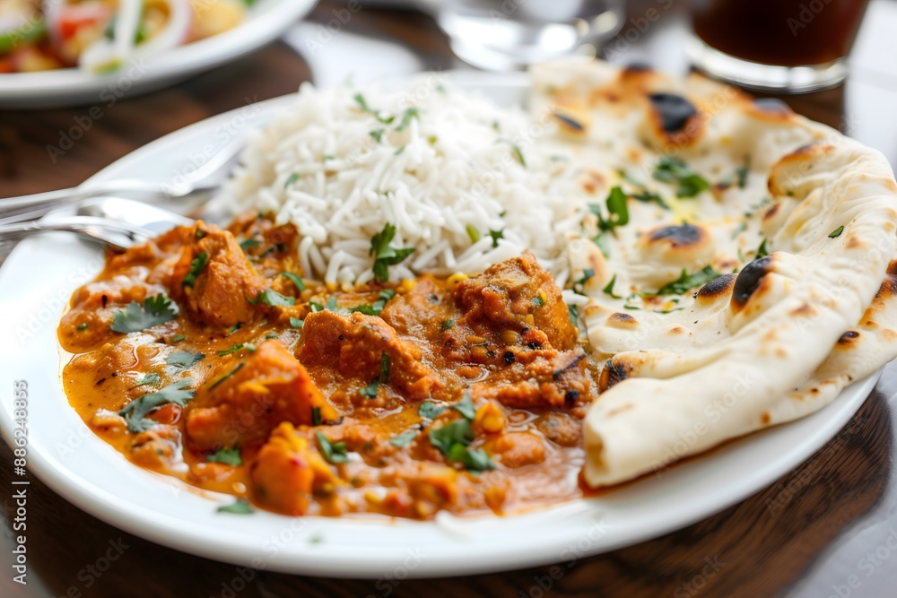 Plate of Spicy Indian Curry with Rice and Naan Bread Plate of Spicy Indian Curry with Rice and Naan Bread