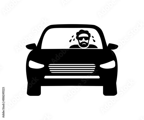 Man sweating in car, hot temperature in car cabin.