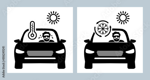 Car air conditioning image set. Sweating in too hot car vs. comfortable cool temperature.