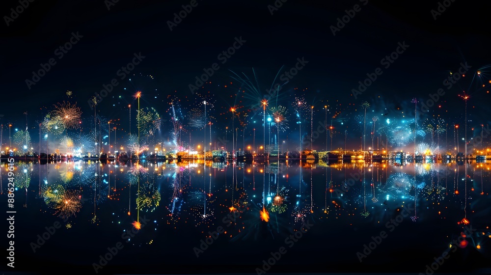 Fototapeta premium Fireworks reflecting over the night sky, Bauhaus style