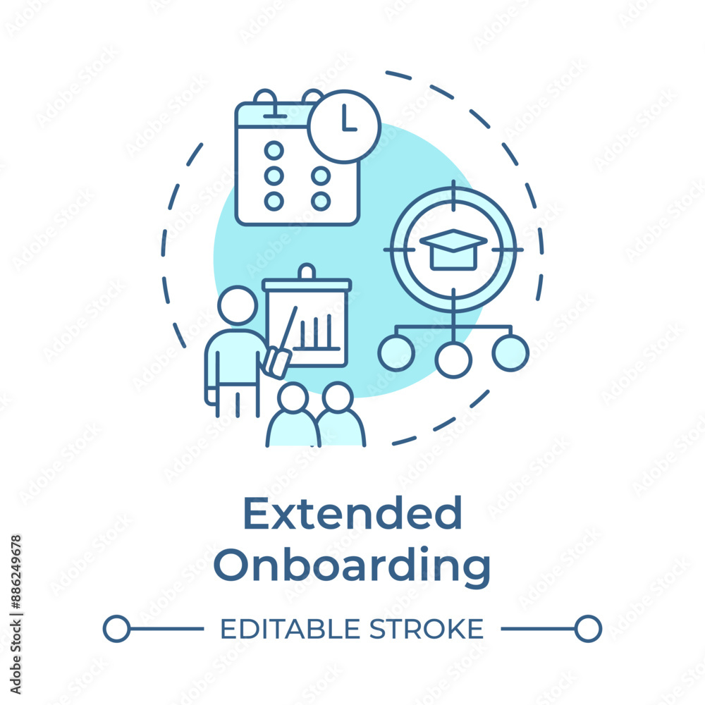 Extended onboarding soft blue concept icon. Supporting new hire. Professional development. Company culture. Round shape line illustration. Abstract idea. Graphic design. Easy to use in article Extended onboarding soft blue concept icon. Supporting new hire. Professional development. Company culture. Round shape line illustration. Abstract idea. Graphic design. Easy to use in article