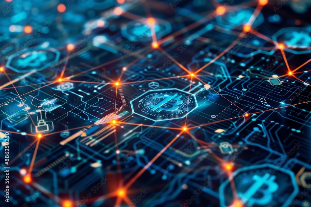 Close-up of a computer circuit board with a prominent bitcoin symbol, Create a digital mosaic of different cryptocurrencies forming a unified and interconnected network Close-up of a computer circuit board with a prominent bitcoin symbol, Create a digital mosaic of different cryptocurrencies forming a unified and interconnected network