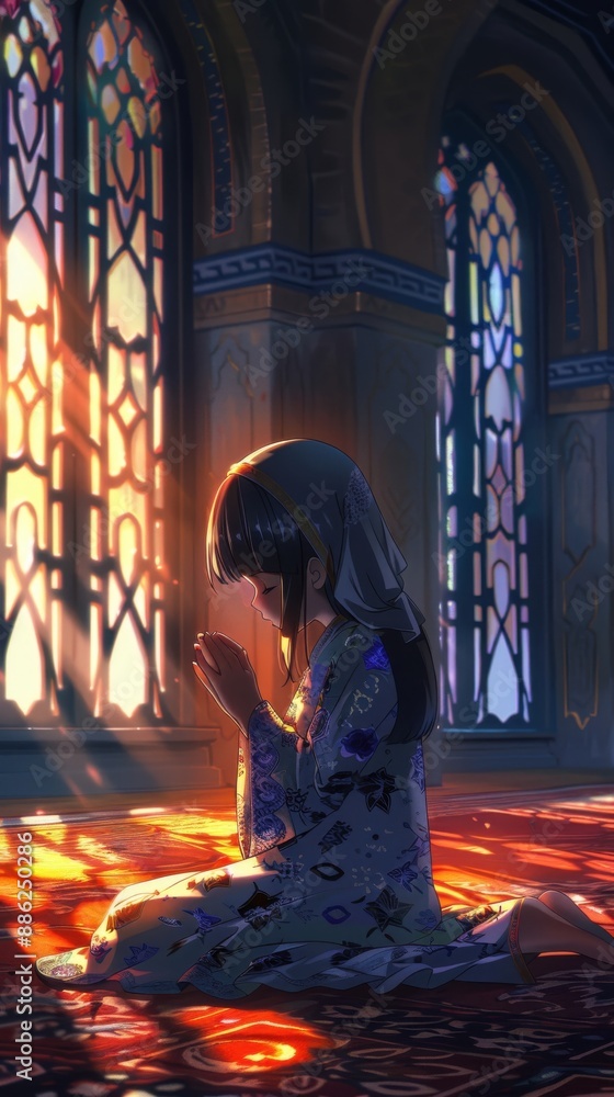 A Young Girl Praying in a Grand Hall A Young Girl Praying in a Grand Hall