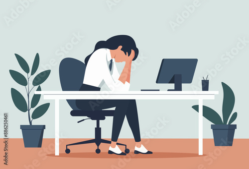 Burnout concept with upset frustrated tired woman, mental health problems. illustration in flat style