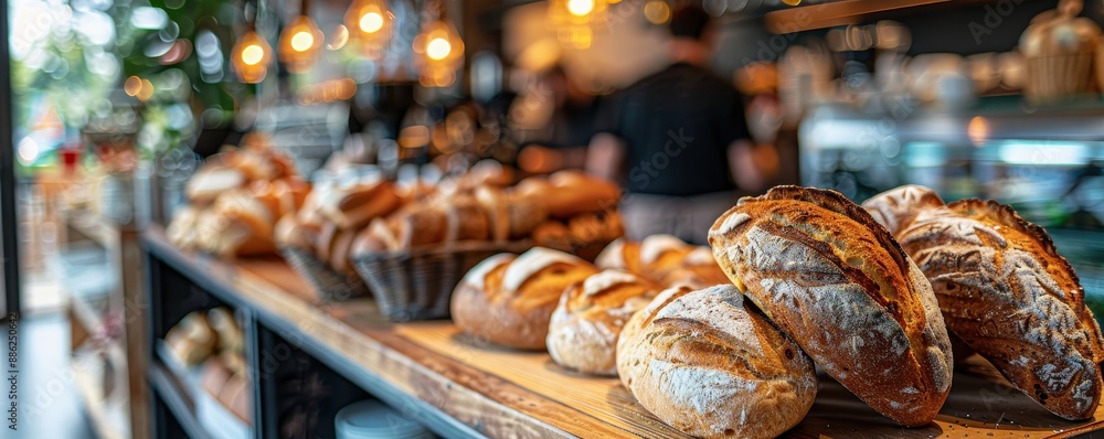 Freshly baked artisan bread on display in a cozy bakery with warm lighting and a blurred background of customers and bakers. Freshly baked artisan bread on display in a cozy bakery with warm lighting and a blurred background of customers and bakers.