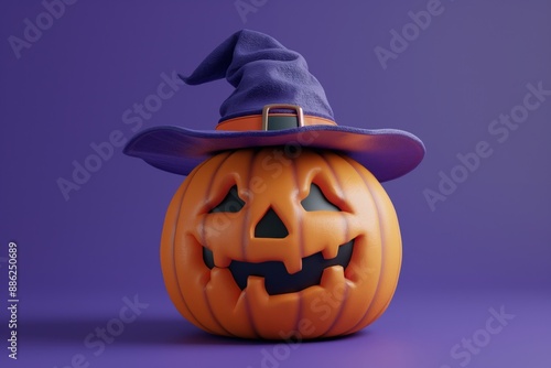 Dark pumpkin with a twisted witchs hat, glowing eerily in a purple haze for Halloween