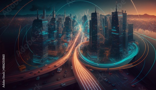 Future Urban Transit: Autonomous Vehicles Light Up Smart City Skyline