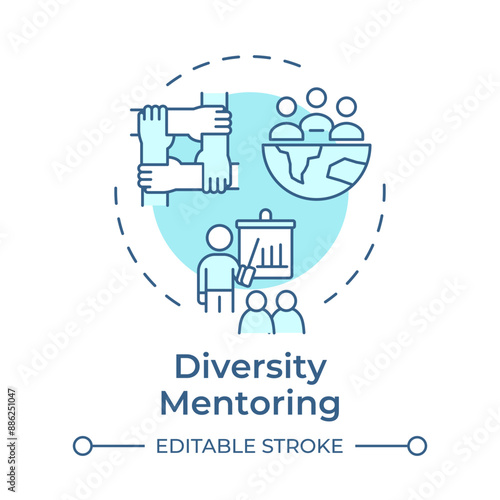 Diversity mentoring soft blue concept icon. Cultural diversity at workplace. Mentorship. Inclusivity. Round shape line illustration. Abstract idea. Graphic design. Easy to use in article