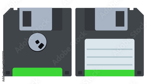 Front and back of a black 3"5 floppy disk with a blank label in flat design style (cut out)