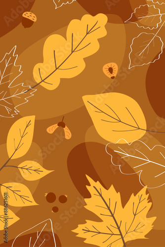 Pattern on a brown background with yellow autumn leaves in outline and seeds for a smartphone theme. Flat doodle style. Vector illustration.
