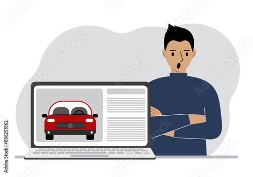 The concept of renting or buying a car. A man with a laptop on which site about the car.