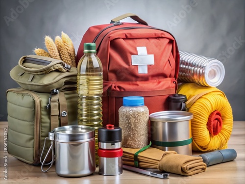 A carefully packed emergency kit or go bag with essential survival items including water, non-perishable food, flashlight, and first aid kit, ready for quick evacuation.