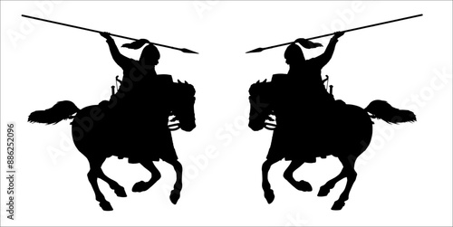 Black silhouette of scythian mounted warrior on attack. Historical vector illustration. Ancient rider.	