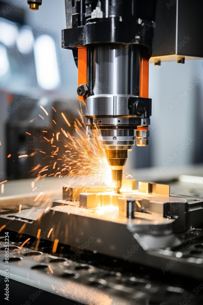 Close up of cnc milling machine crafting intricate metal shape with sparks in precision process Close up of cnc milling machine crafting intricate metal shape with sparks in precision process