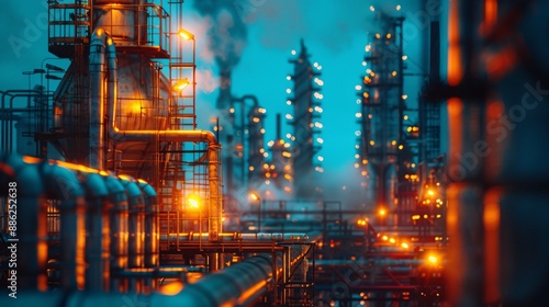 Industrial Oil Refinery at Night with Glowing Lights and Smoke -  Close-up View of Pipes and Structures - Futuristic, Abstract, Technology, Background Image. © Anusak
