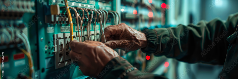 Close-up of an electrician's hands wiring a switch, highlighting the technical skills. Close-up of an electrician's hands wiring a switch, highlighting the technical skills.