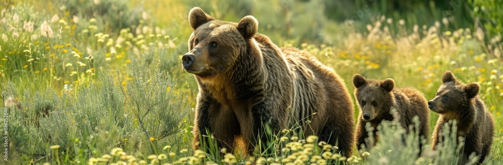 Brown Bear Family Amidst a Field of Yellow Flowers