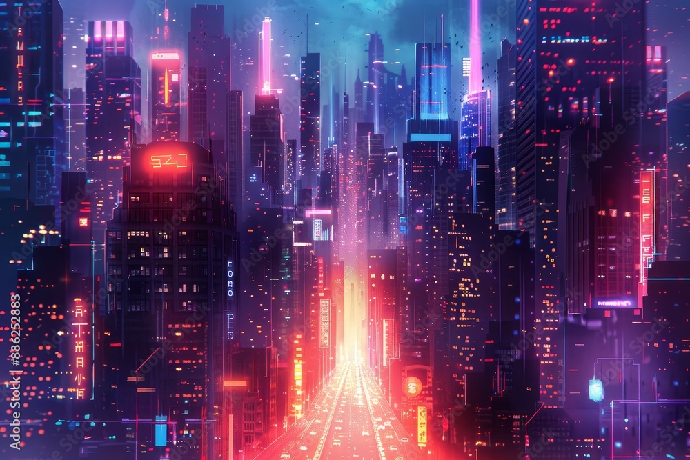 Fototapeta premium A futuristic city thrives under neon lights, skyscrapers towering above with bustling activity below, Create a dynamic and bustling cityscape filled with neon lights and towering skyscrapers