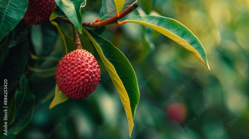 Obraz premium Sun-Kissed Lychee Amongst Vibrant Foliage, Highlights Nutritional Benefits, Ideal for Health and Wellness Markets