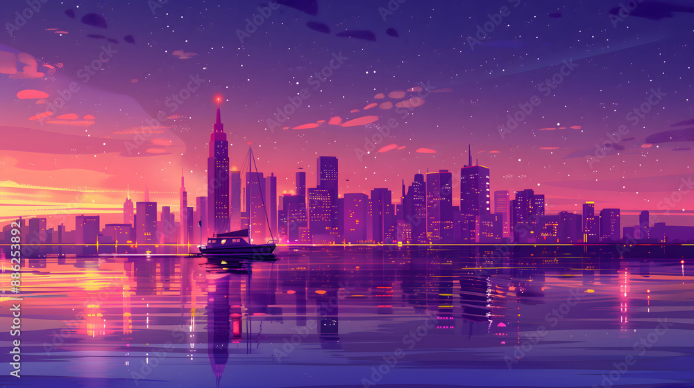 Obraz premium Vibrant Skyline Cityscape with Cruise Ship at Dusk, Digital Illustration in Stylized, Flat Design