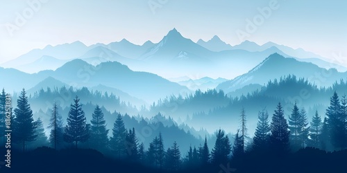 Misty Mountain Ridge with Pine Forest Landscape in Cool Tones