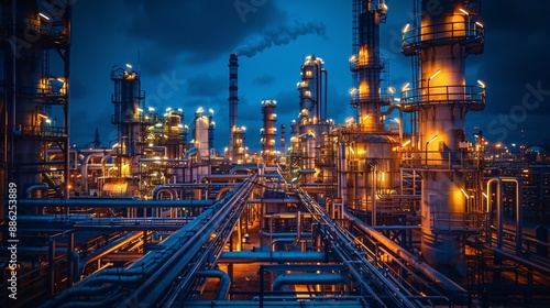 Industrial Complex Night Photography - Refinery Towers, Pipes, and Lights - Factory Silhouettes Against a Dramatic Blue Sky.