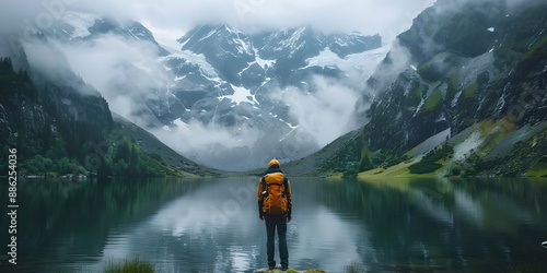 Hiker Camping by a Misty Mountain Lake Adventurous Outdoor in Serene Wilderness