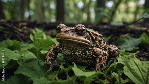 Toad camouflaged in leafy undergrowt photo