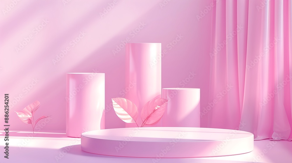Pink Cylindrical Podium with Leaves Background Pink Cylindrical Podium with Leaves Background