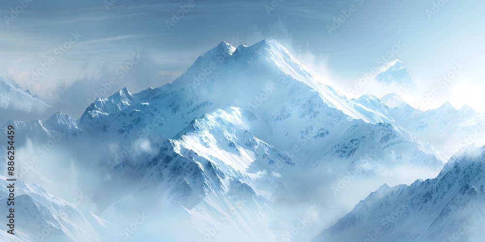 Obraz premium Majestic Snowy Mountain Peak Surrounded by Glaciers and Clouds in Scenic Winter Landscape