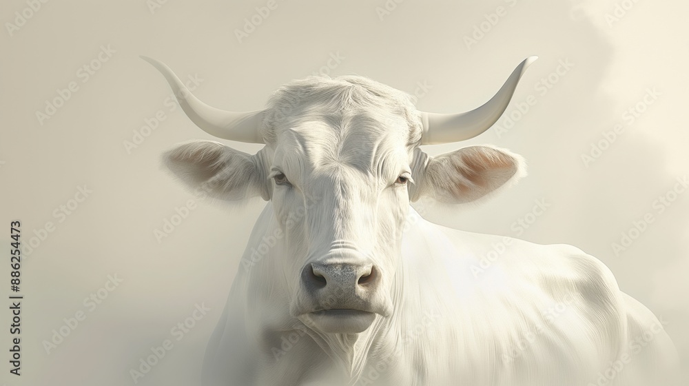 Naklejka premium Front view of a white bull with large horns and a neutral expression against a beige gradient background.
