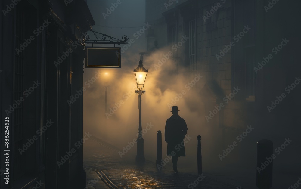 Silhouette of a solitary figure walking down a fog-enshrouded London street at night, near glowing street lamps. Silhouette of a solitary figure walking down a fog-enshrouded London street at night, near glowing street lamps.