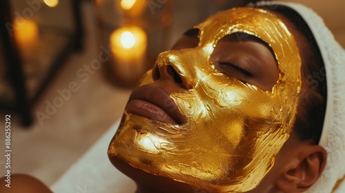 A woman lies on a spa table with a gold mask on her face. Her eyes are closed and she is relaxing. photo