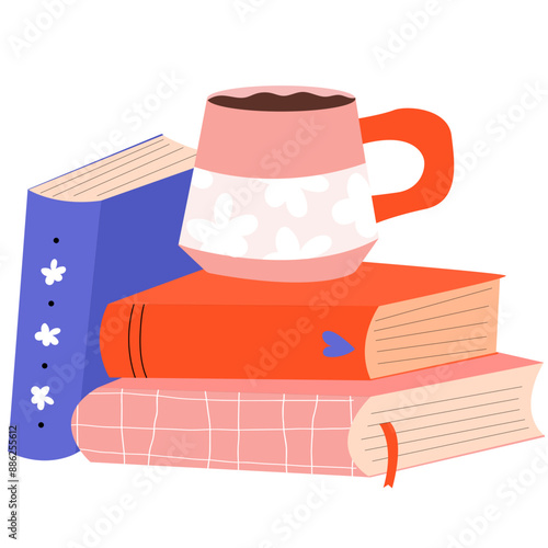 Stack of books and coffee cup. World Book Day. Set of reading elements for bookshop, library, bookstore or education