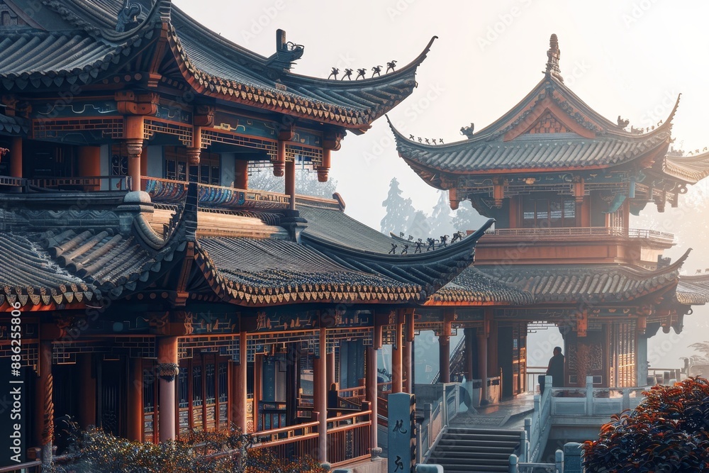 Traditional Chinese buildings lined up next to each other in a traditional architectural setting, Create a fusion of traditional Chinese architecture with futuristic elements Traditional Chinese buildings lined up next to each other in a traditional architectural setting, Create a fusion of traditional Chinese architecture with futuristic elements