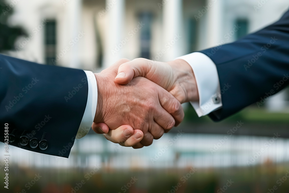 Executives shaking hands in front of the White House building Executives shaking hands in front of the White House building