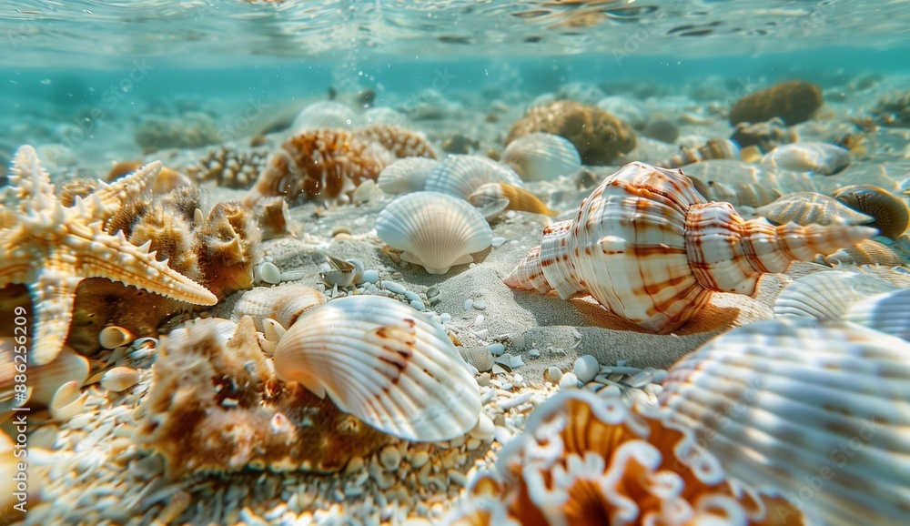 Underwater photography of beautiful seashells and starfish on the sea bottom, close-up, light colors, high resolution, Underwater photography of beautiful seashells and starfish on the sea bottom, close-up, light colors, high resolution,