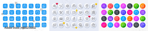Online voting, Exit and House dimension line icons. Square, Gradient, Pin 3d buttons. AI, QA and map pin icons. Pack of International delivery, Chemistry lab, Software icon. Vector
