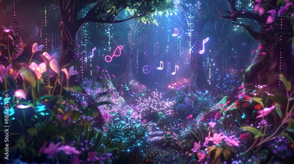 Enchanted Forest with Neon Music Notes Enchanted Forest with Neon Music Notes
