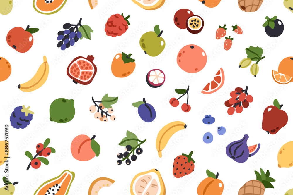 Fruit and berry pattern. Seamless background, healthy summer food mix, repeating print. Texture design with banana, strawberry for wrapping, fabric, textile, wallpaper. Flat vector illustration Fruit and berry pattern. Seamless background, healthy summer food mix, repeating print. Texture design with banana, strawberry for wrapping, fabric, textile, wallpaper. Flat vector illustration