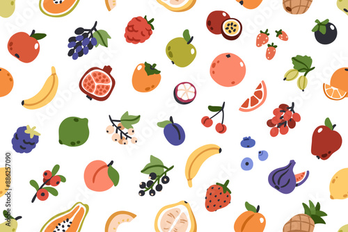 Fruit and berry pattern. Seamless background, healthy summer food mix, repeat...