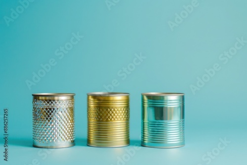 Three gold and silver tin cans with different patterns on a blue background, emphasizing texture and simplicity