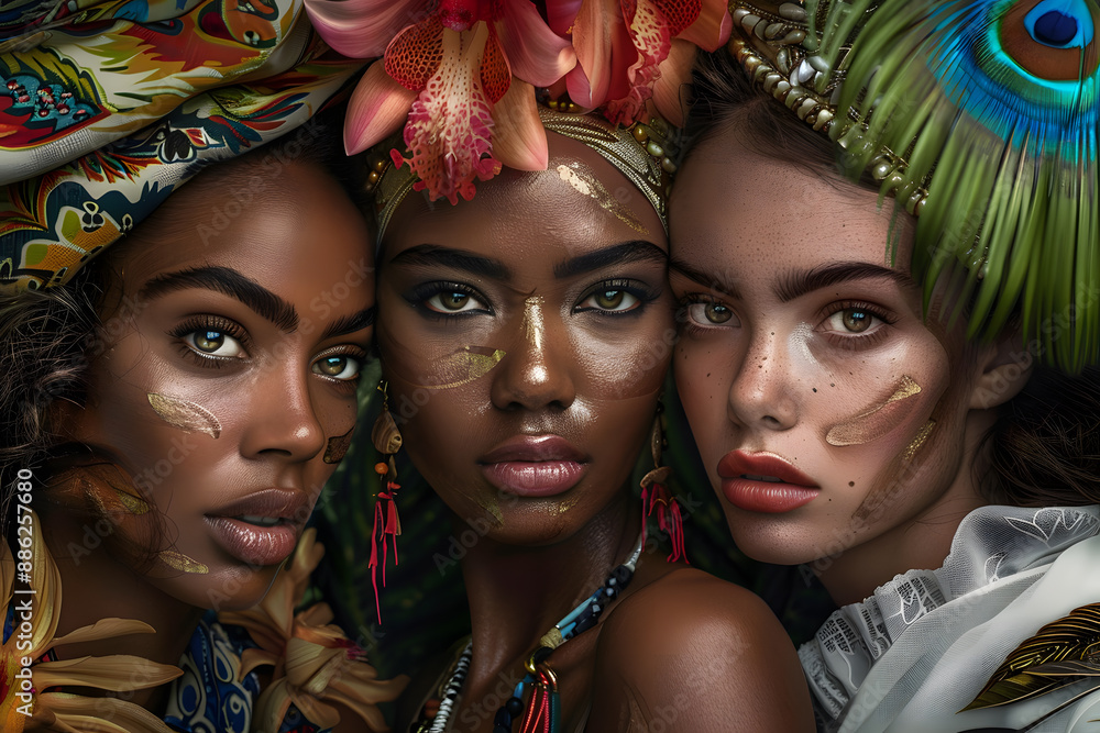 Obraz premium Trio of Women in Cultural Headdresses