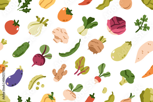Vegetable pattern, seamless print. Vegetarian food, endless background design. Natural fresh farm produce, harvest. Beet, broccoli, greens, tomato veggies, repeating texture. Flat vector illustration